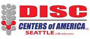 Logo for DISC Centers of America Seattle at Southcenter. The design features the word ‘DISC’ in bold red uppercase letters, accompanied by a stylized gray and red spine graphic on the left