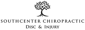 Logo featuring a stylized tree with numerous leaves and a curved trunk, placed above the text 'Southcenter Chiropractic Disc & Injury' in elegant serif font