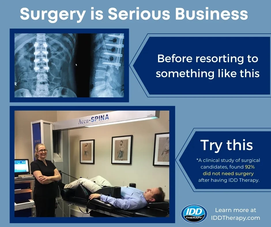 A promotional graphic comparing spinal surgery with a non‑surgical therapy
