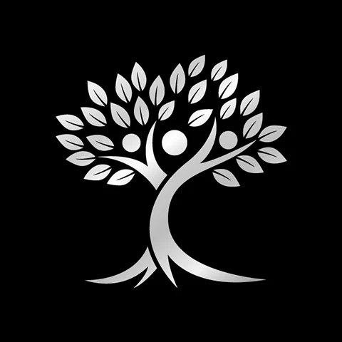 Stylized silver tree logo on a black background, featuring two intertwined trunks forming human figures with raised arms, surrounded by numerous silver leaves